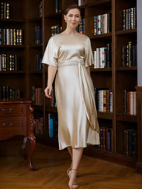 Clare Sheath/Column Elastic Woven Satin Ruched Scoop Short Sleeves Tea-Length Mother of the Bride Dresses STIP0020242 Clare Sheath/Column Elastic Woven Satin Ruched Scoop Short Sleeves Tea-Length Mother of the Bride Dresses STIP0020242
