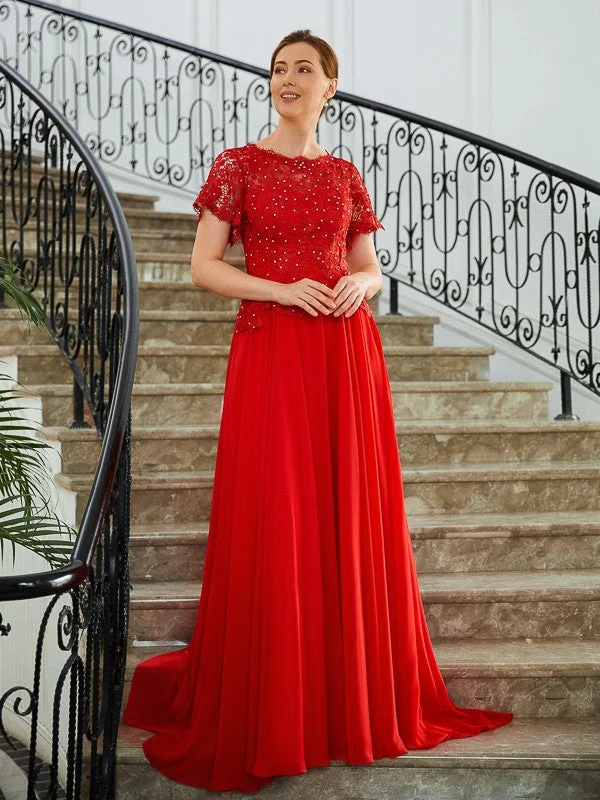 Annabel A-Line/Princess Chiffon Applique Scoop Short Sleeves Sweep/Brush Train Mother of the Bride Dresses STIP0020260 Annabel A-Line/Princess Chiffon Applique Scoop Short Sleeves Sweep/Brush Train Mother of the Bride Dresses STIP0020260