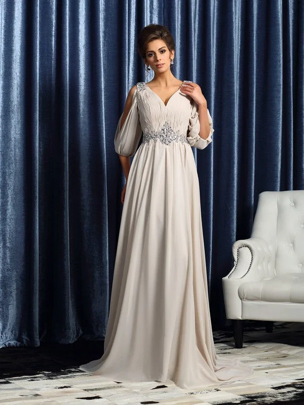 A-Line/Princess V-neck Beading 1/2 Sleeves Long Chiffon Mother of the Bride Dresses TPP0007063 A-Line/Princess V-neck Beading 1/2 Sleeves Long Chiffon Mother of the Bride Dresses TPP0007063