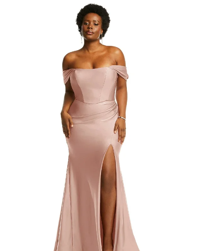 Off-the-Shoulder Corset Stretch Satin Mermaid Dress with Slight Train | Toasted Sugar Off-the-Shoulder Corset Stretch Satin Mermaid Dress with Slight Train | Toasted Sugar