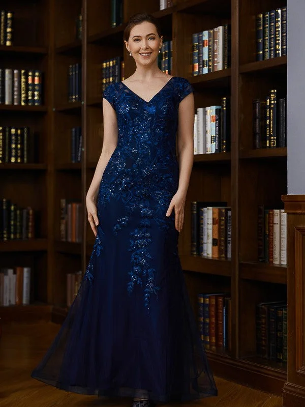 Willow Sheath/Column Tulle Applique V-neck Short Sleeves Floor-Length Mother of the Bride Dresses STIP0020241 Willow Sheath/Column Tulle Applique V-neck Short Sleeves Floor-Length Mother of the Bride Dresses STIP0020241