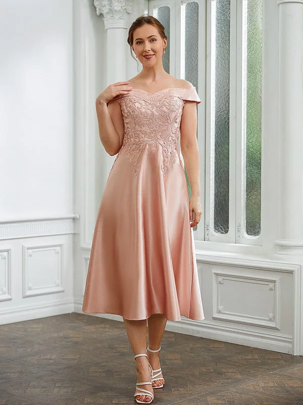 Nylah A-Line/Princess Satin Applique Off-the-Shoulder Sleeveless Tea-Length Mother of the Bride Dresses STIP0020255 Nylah A-Line/Princess Satin Applique Off-the-Shoulder Sleeveless Tea-Length Mother of the Bride Dresses STIP0020255