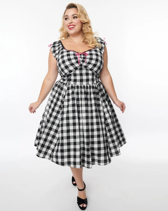Unique Vintage Plus Size Black Gingham Cap Sleeve Swing Dress | Black Gingham