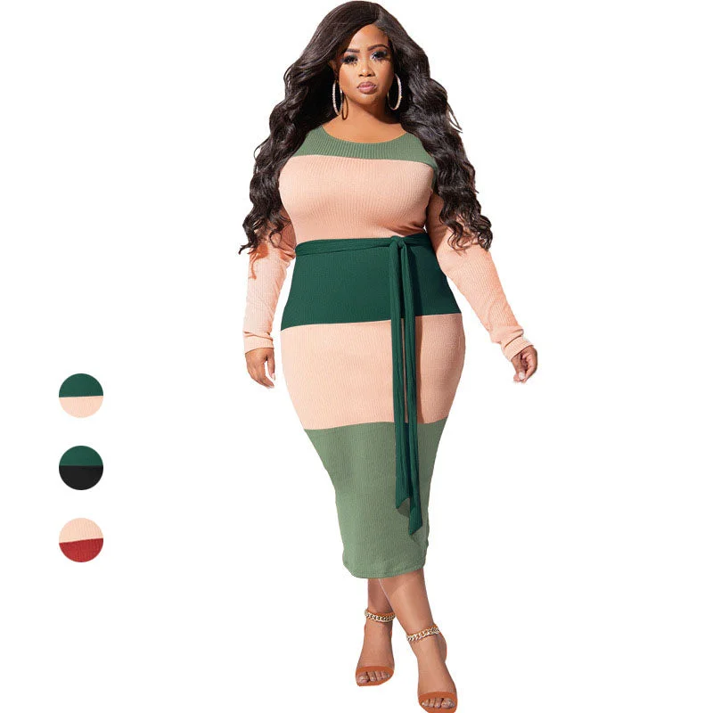 Plus Size Women's Clothing Casual Round Block Color Patchwork Bandage Bodycon Knit Dress Female Big Size Long Dresses 3XL 4XL