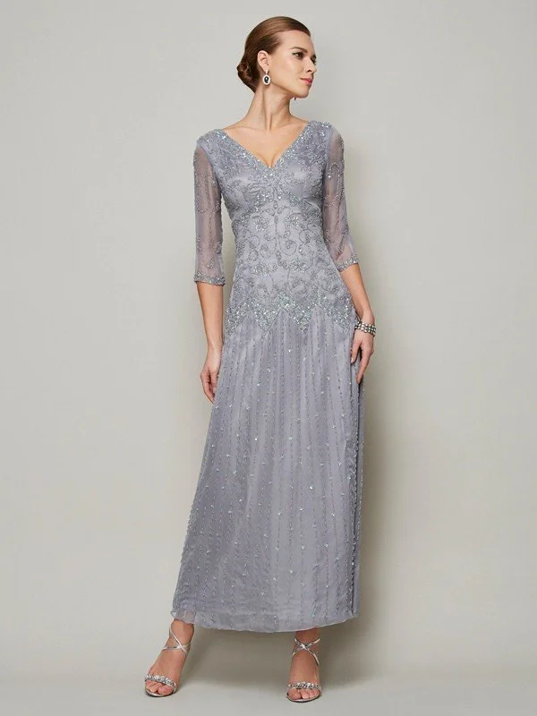 Sheath/Column V-neck 1/2 Sleeves Beading Long Elastic Woven Satin Mother of the Bride Dresses TPP0007080 Sheath/Column V-neck 1/2 Sleeves Beading Long Elastic Woven Satin Mother of the Bride Dresses TPP0007080