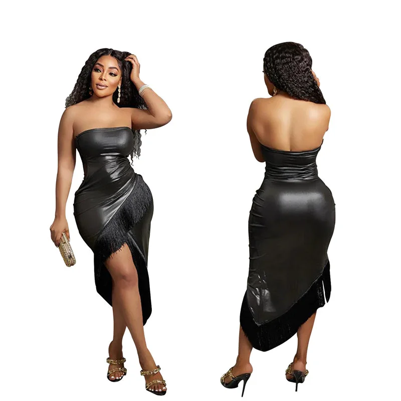latex plus size sexy black tassel faux pu leather corset sleeveless front high slit bodycon wrap evening dress XL sexy for women