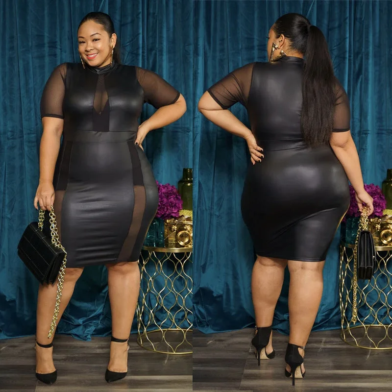Z74625 New arrival Sexy Plus Size PU leather dresses See through Mesh Patchwork Dress