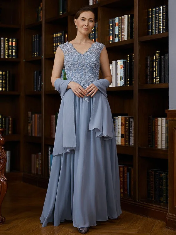 Eliana A-Line/Princess Chiffon Applique V-neck Sleeveless Floor-Length Mother of the Bride Dresses STIP0020259 Eliana A-Line/Princess Chiffon Applique V-neck Sleeveless Floor-Length Mother of the Bride Dresses STIP0020259