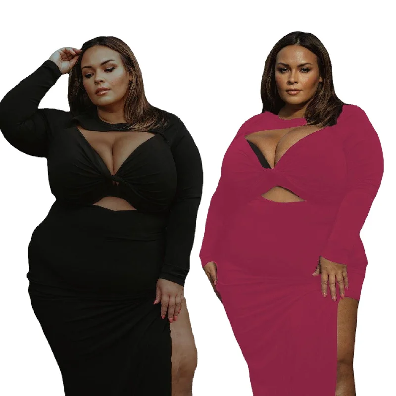 Plus Size Women's Sexy Unique V-Neck Knotted Cross Solid Color Dress