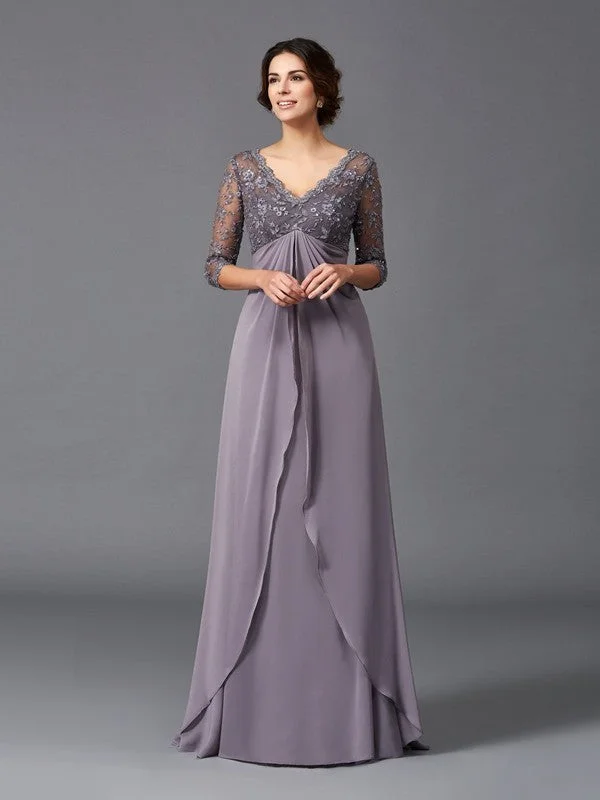 A-Line/Princess V-neck Lace 3/4 Sleeves Long Chiffon Mother of the Bride Dresses TPP0007104 A-Line/Princess V-neck Lace 3/4 Sleeves Long Chiffon Mother of the Bride Dresses TPP0007104