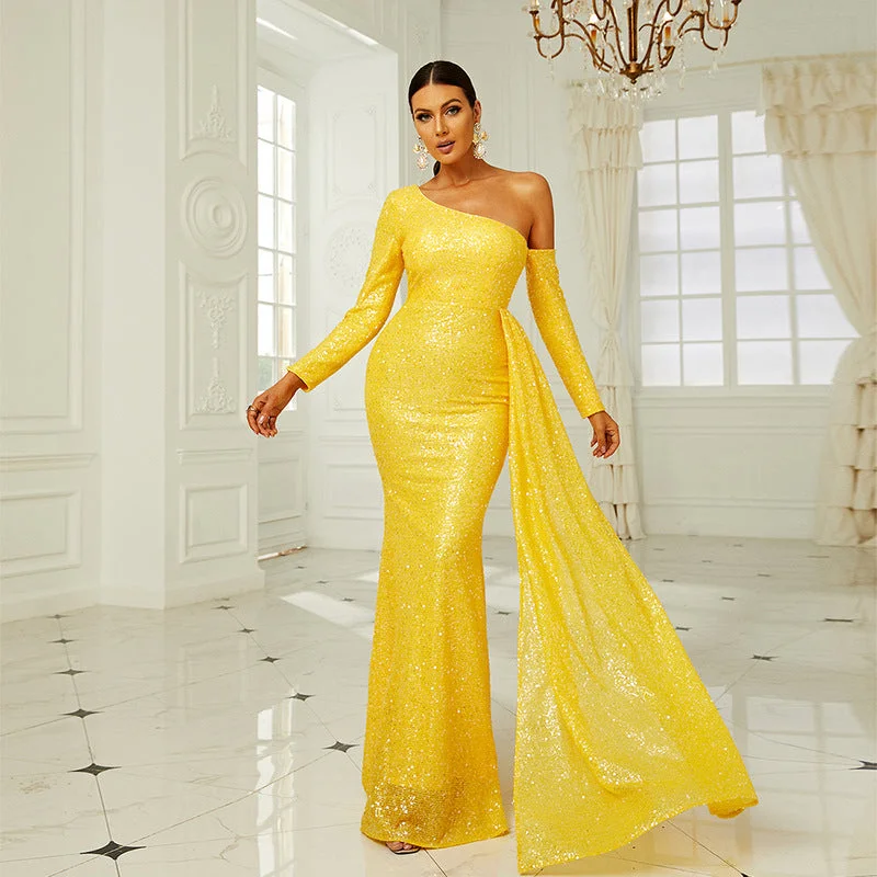 Europe Plus Size One Shoulder Puffy Sequin Prom Gowns Luxury Clothes Woman Trumpet Mermaid Yellow Party Evening Dress Europe Plus Size One Shoulder Puffy Sequin Prom Gowns Luxury Clothes Woman Trumpet Mermaid Yellow Party Evening Dress