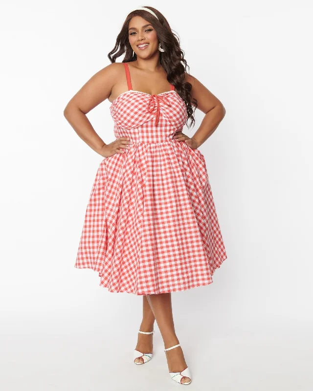 Unique Vintage Plus Size Coral Red Gingham Golightly Swing Dress | Coral Red Gingham