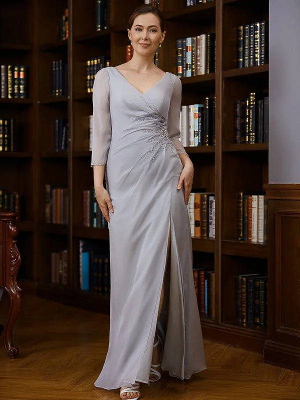 Emilia Sheath/Column 30D Chiffon Beading V-neck 3/4 Sleeves Floor-Length Mother of the Bride Dresses STIP0020247 Emilia Sheath/Column 30D Chiffon Beading V-neck 3/4 Sleeves Floor-Length Mother of the Bride Dresses STIP0020247
