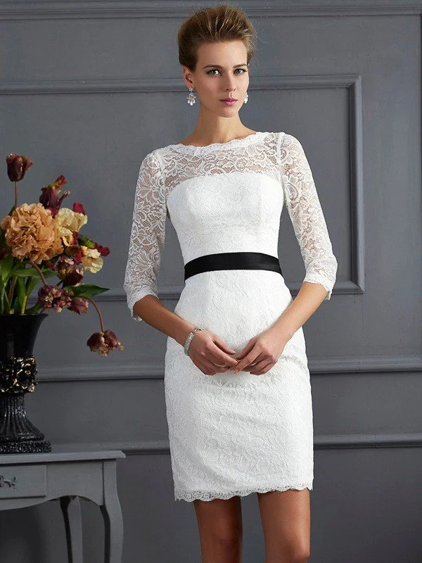 Sheath/Column Scoop 3/4 Sleeves Sash/Ribbon/Belt Short Lace Mother of the Bride Dresses TPP0007194 Sheath/Column Scoop 3/4 Sleeves Sash/Ribbon/Belt Short Lace Mother of the Bride Dresses TPP0007194