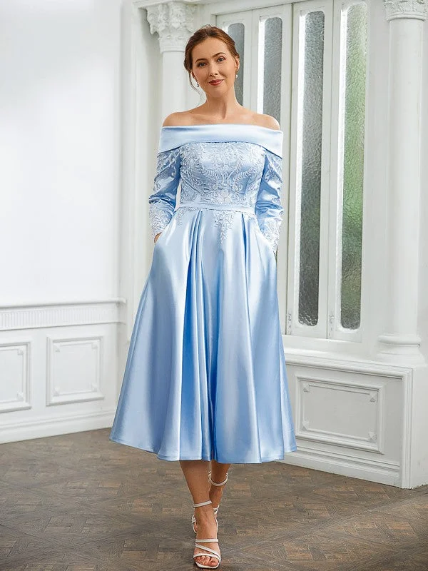 Abbigail A-Line/Princess Elastic Woven Satin Ruched Off-the-Shoulder Long Sleeves Tea-Length Mother of the Bride Dresses STIP0020269 Abbigail A-Line/Princess Elastic Woven Satin Ruched Off-the-Shoulder Long Sleeves Tea-Length Mother of the Bride Dresses STIP0020269