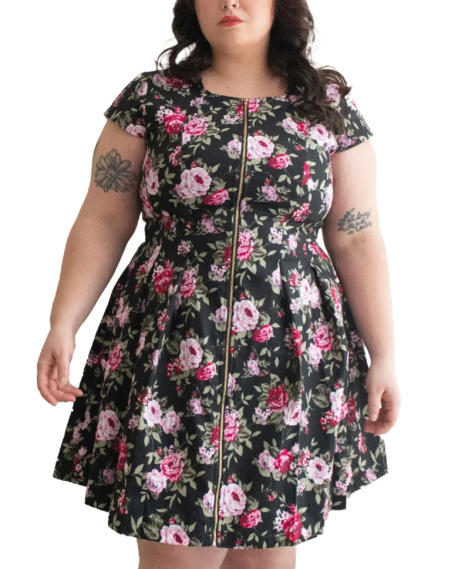 Rosaline Dress Fit & Flare Zip Front Floral Black | Black