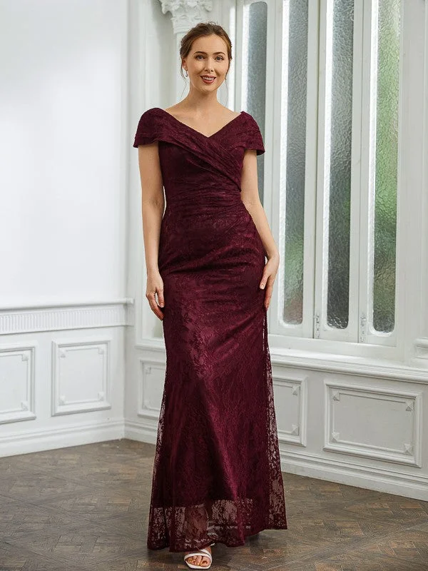 Jemima Sheath/Column Lace Ruched V-neck Short Sleeves Floor-Length Mother of the Bride Dresses STIP0020246 Jemima Sheath/Column Lace Ruched V-neck Short Sleeves Floor-Length Mother of the Bride Dresses STIP0020246