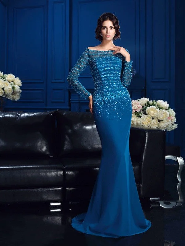 Sheath/Column Off-the-Shoulder Beading Long Sleeves Long Chiffon Mother of the Bride Dresses TPP0007158 Sheath/Column Off-the-Shoulder Beading Long Sleeves Long Chiffon Mother of the Bride Dresses TPP0007158