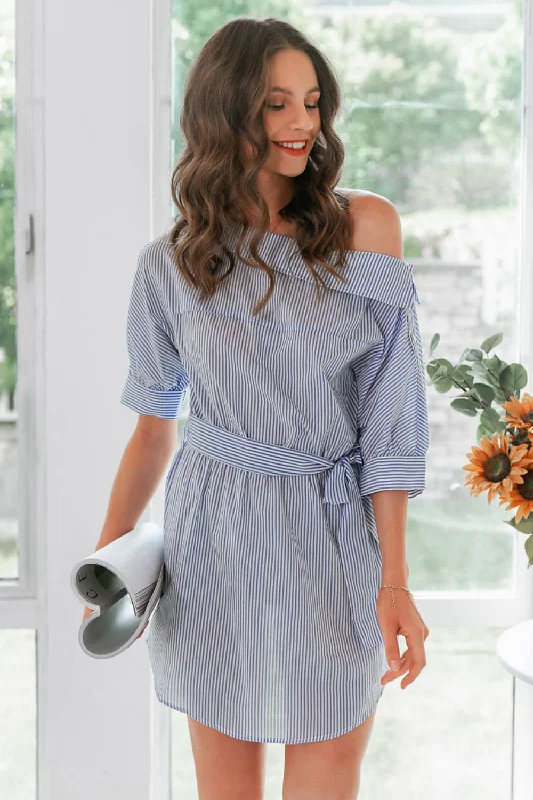 Striped Tie-Waist Curved Hem Dress