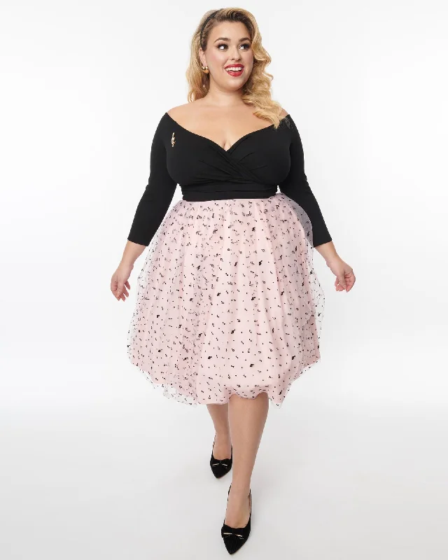 Unique Vintage Plus Size Black & Pink Tulle Music Notes Marceline Swing Dress | Black & Pink Tulle Music Notes