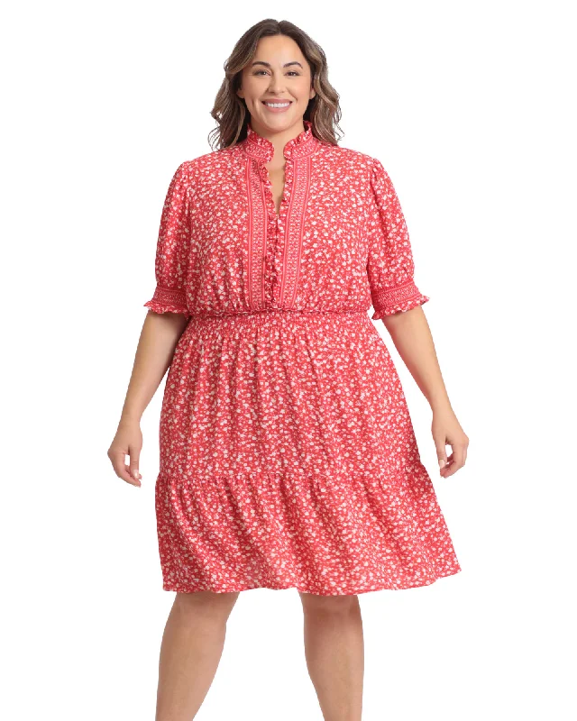 Smocked waist and puff sleeve tiered skirt dress | Red/White