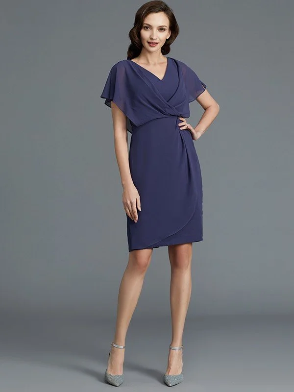 Sheath/Column V-neck Short Sleeves Chiffon Knee-Length Mother of the Bride Dresses TPP0007259 Sheath/Column V-neck Short Sleeves Chiffon Knee-Length Mother of the Bride Dresses TPP0007259