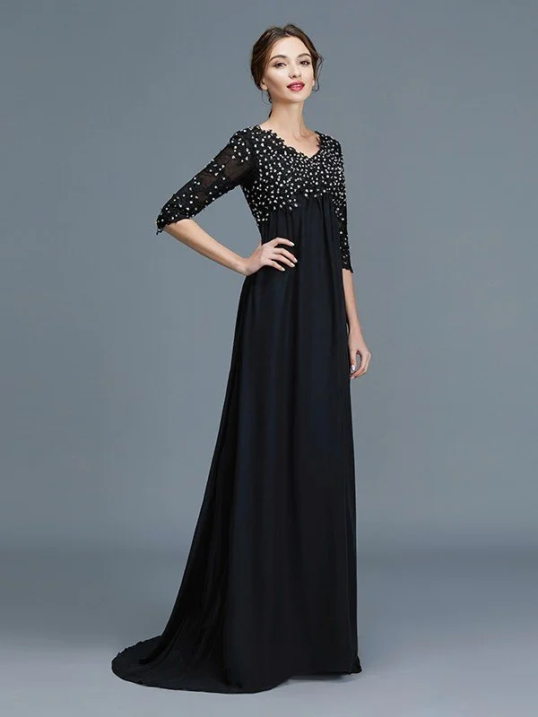 A-Line/Princess V-neck 1/2 Sleeves Beading Chiffon Floor-Length Mother of the Bride Dresses TPP0007218 A-Line/Princess V-neck 1/2 Sleeves Beading Chiffon Floor-Length Mother of the Bride Dresses TPP0007218