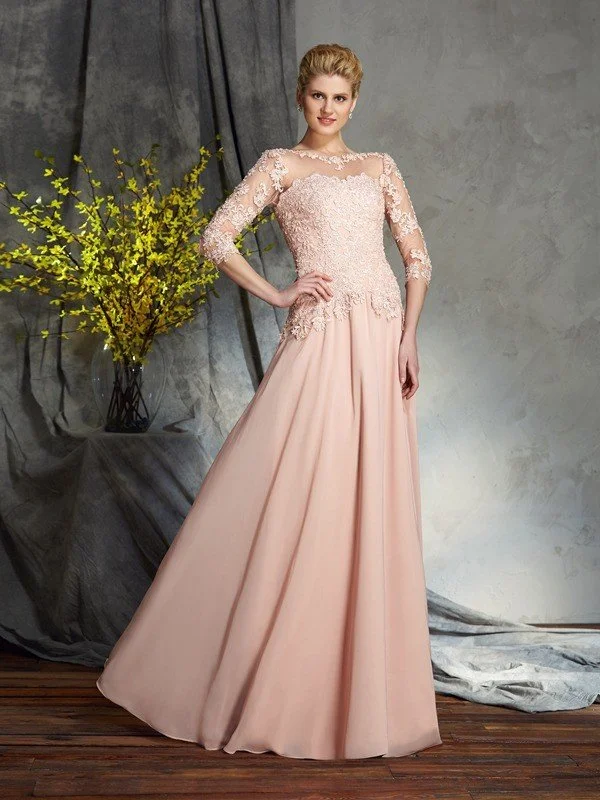 A-Line/Princess Scoop Applique 3/4 Sleeves Long Chiffon Mother of the Bride Dresses TPP0007131 A-Line/Princess Scoop Applique 3/4 Sleeves Long Chiffon Mother of the Bride Dresses TPP0007131