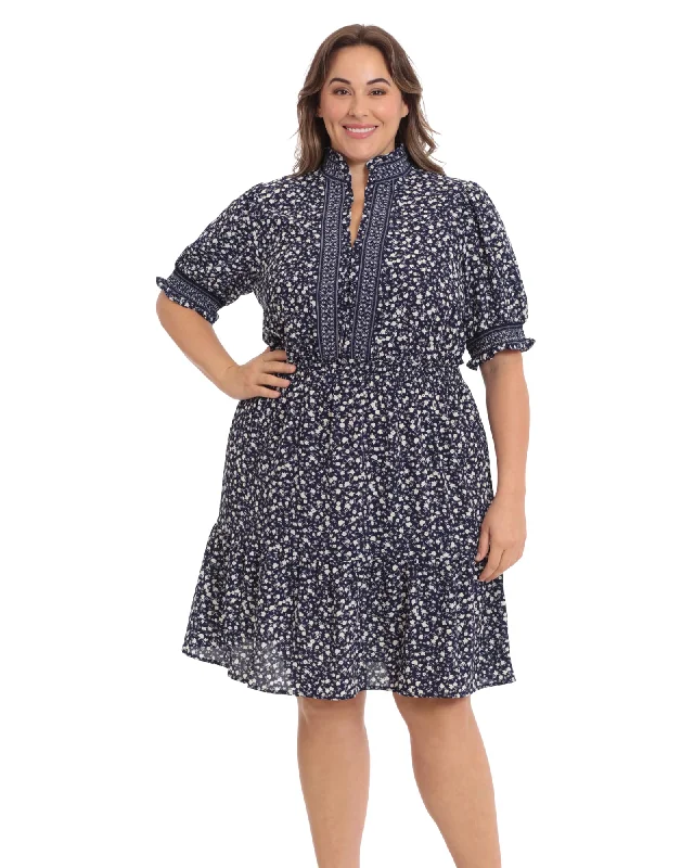 Smocked waist and puff sleeve tiered skirt dress | Navy/White