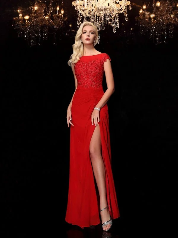Sheath/Column Bateau Applique Short Sleeves Long Chiffon Mother of the Bride Dresses TPP0007209 Sheath/Column Bateau Applique Short Sleeves Long Chiffon Mother of the Bride Dresses TPP0007209
