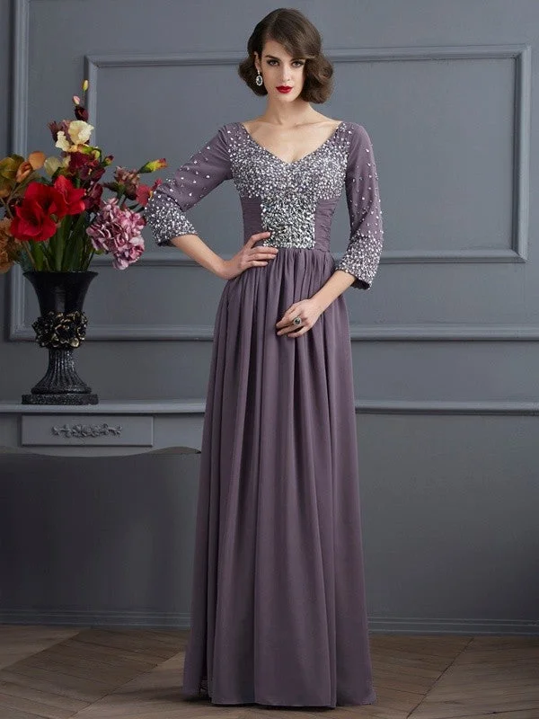 Sheath/Column V-neck 3/4 Sleeves Beading Long Chiffon Mother of the Bride Dresses TPP0007245 Sheath/Column V-neck 3/4 Sleeves Beading Long Chiffon Mother of the Bride Dresses TPP0007245