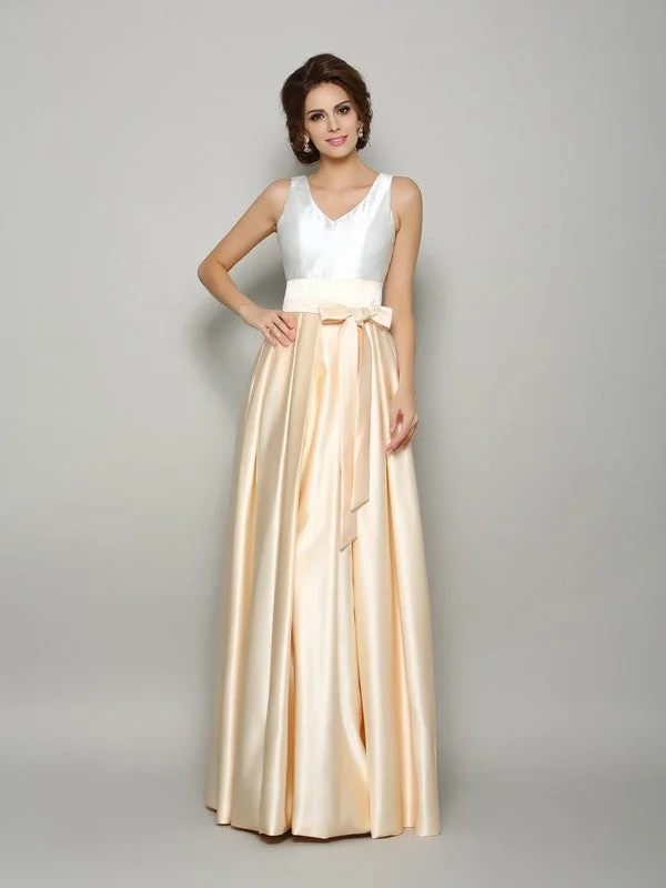 A-Line/Princess V-neck Bowknot Sleeveless Long Satin Mother of the Bride Dresses TPP0007287 A-Line/Princess V-neck Bowknot Sleeveless Long Satin Mother of the Bride Dresses TPP0007287