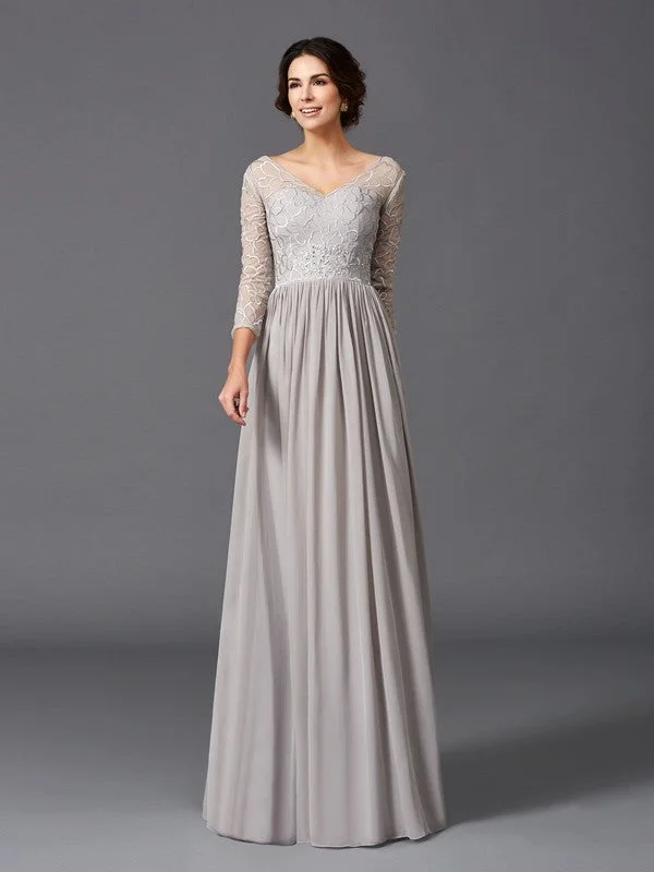 A-Line/Princess V-neck Ruffles 3/4 Sleeves Long Chiffon Mother of the Bride Dresses TPP0007308 A-Line/Princess V-neck Ruffles 3/4 Sleeves Long Chiffon Mother of the Bride Dresses TPP0007308