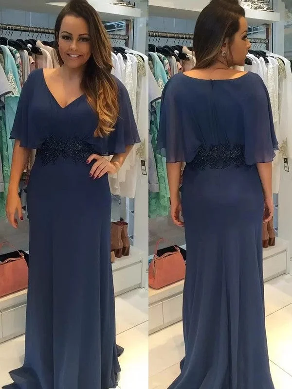 Francesca Sheath/Column Chiffon Applique V-neck Short Sleeves Sweep/Brush Train Mother of the Bride Dresses STIP0020284