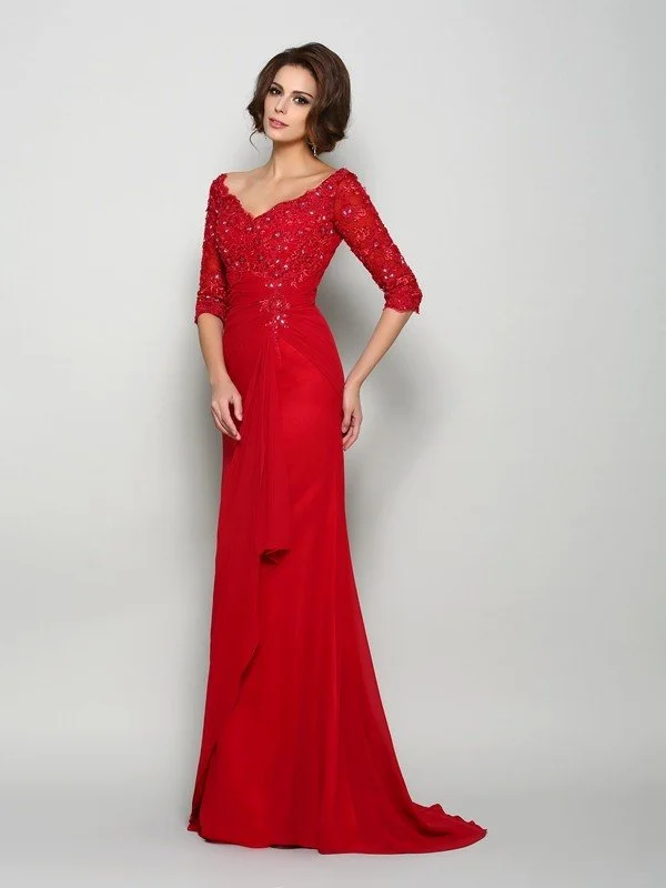 A-Line/Princess V-neck Beading 1/2 Sleeves Applique Long Chiffon Mother of the Bride Dresses TPP0007132 A-Line/Princess V-neck Beading 1/2 Sleeves Applique Long Chiffon Mother of the Bride Dresses TPP0007132