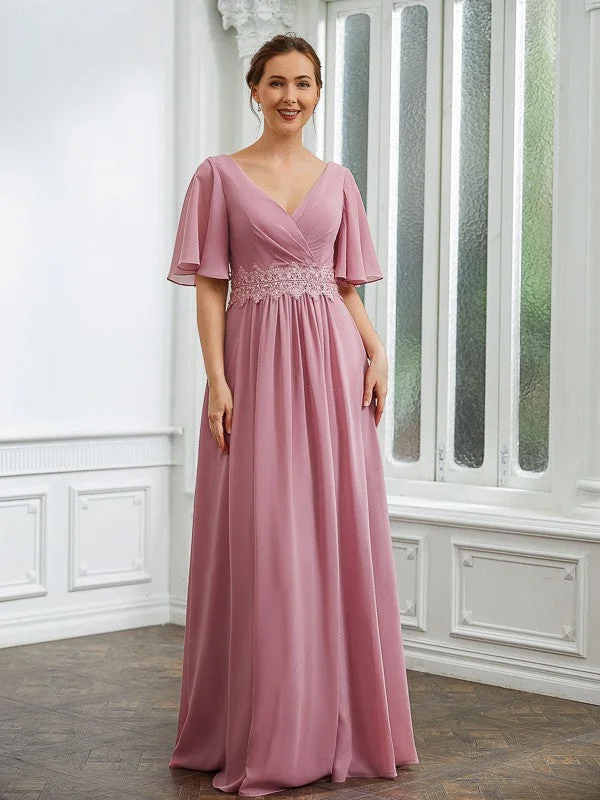 Jazmyn A-Line/Princess Chiffon Ruched V-neck 1/2 Sleeves Floor-Length Mother of the Bride Dresses STIP0020248 Jazmyn A-Line/Princess Chiffon Ruched V-neck 1/2 Sleeves Floor-Length Mother of the Bride Dresses STIP0020248