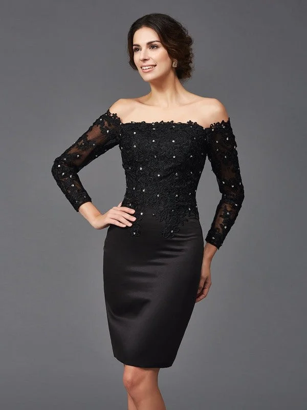 Sheath/Column Off-the-Shoulder Lace Long Sleeves Short Satin Mother of the Bride Dresses TPP0007138 Sheath/Column Off-the-Shoulder Lace Long Sleeves Short Satin Mother of the Bride Dresses TPP0007138