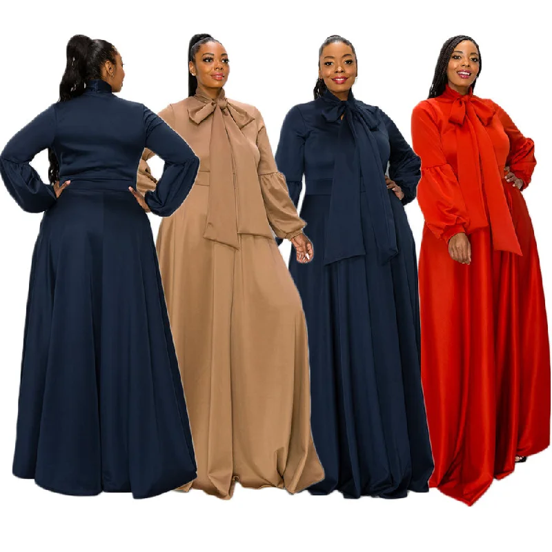 C1102ME21 High Quality Plus Size Casual Solid Color Bow A-line Dress Women Sehe Fashion