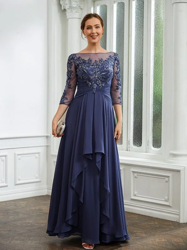 Karen A-Line/Princess Chiffon Applique Bateau 3/4 Sleeves Floor-Length Mother of the Bride Dresses STIP0020266 Karen A-Line/Princess Chiffon Applique Bateau 3/4 Sleeves Floor-Length Mother of the Bride Dresses STIP0020266