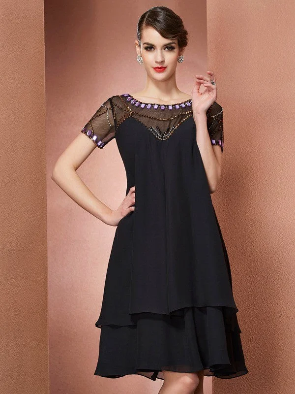 A-Line/Princess Scoop Short Sleeves Beading Short Chiffon Mother of the Bride Dresses TPP0007187 A-Line/Princess Scoop Short Sleeves Beading Short Chiffon Mother of the Bride Dresses TPP0007187