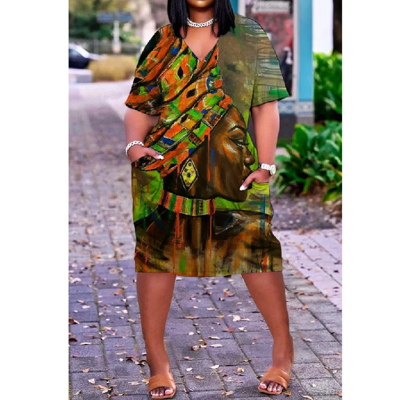 Z87685 Plus size summer dress short Sleeves Street Print womens casual dresses