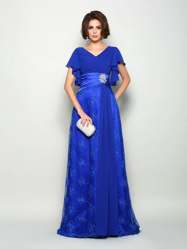 A-Line/Princess V-neck Applique Short Sleeves Long Chiffon Mother of the Bride Dresses TPP0007378