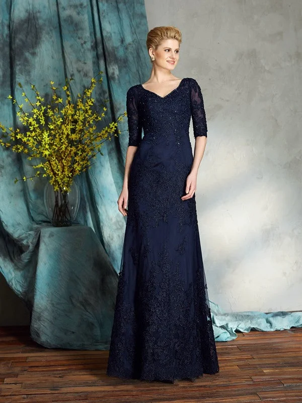 Sheath/Column V-neck Applique 1/2 Sleeves Long Satin Mother of the Bride Dresses TPP0007116 Sheath/Column V-neck Applique 1/2 Sleeves Long Satin Mother of the Bride Dresses TPP0007116