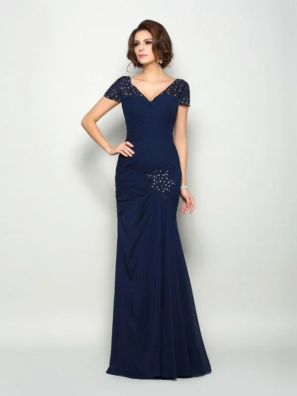 Trumpet/Mermaid V-neck Beading Short Sleeves Long Chiffon Mother of the Bride Dresses TPP0007263 Trumpet/Mermaid V-neck Beading Short Sleeves Long Chiffon Mother of the Bride Dresses TPP0007263