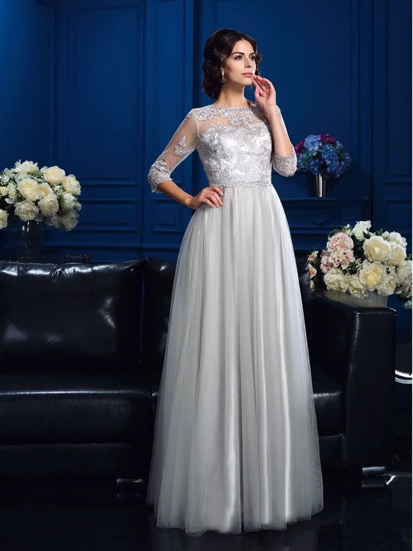 A-Line/Princess Scoop Applique 3/4 Sleeves Long Elastic Woven Satin Mother of the Bride Dresses TPP0007198 A-Line/Princess Scoop Applique 3/4 Sleeves Long Elastic Woven Satin Mother of the Bride Dresses TPP0007198