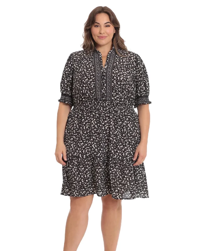 Smocked waist and puff sleeve tiered skirt dress | Blk/White