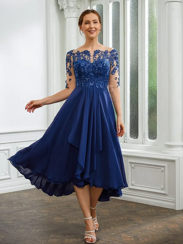 Angelina A-Line/Princess Chiffon Applique Bateau 1/2 Sleeves Tea-Length Mother of the Bride Dresses STIP0020279