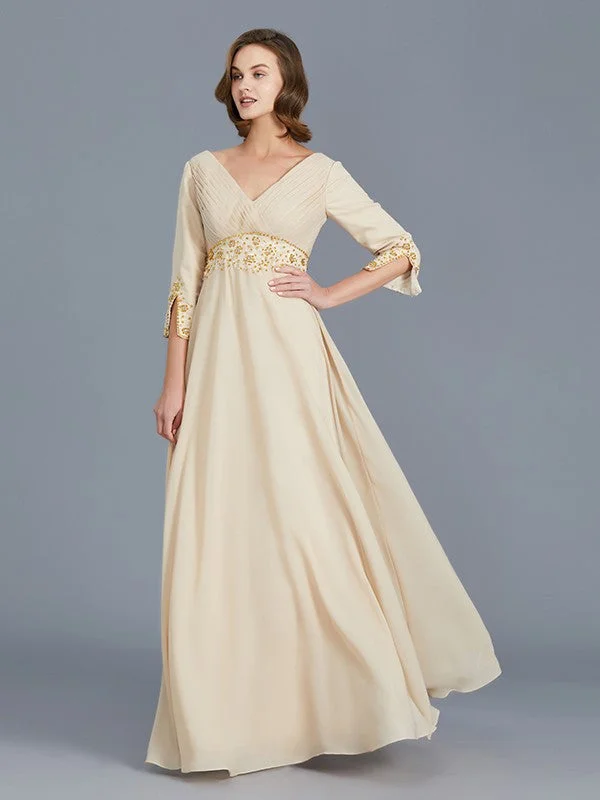 A-Line/Princess V-neck Ruffles Chiffon Floor-Length Mother of the Bride Dresses TPP0007385