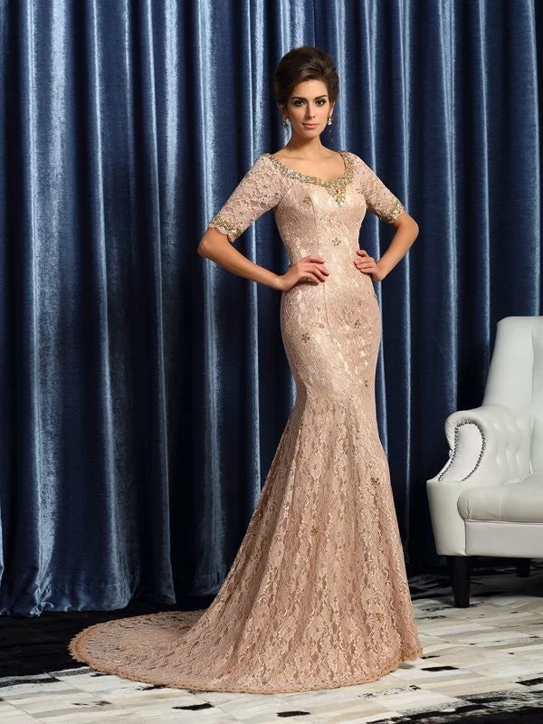 Trumpet/Mermaid V-neck Lace 1/2 Sleeves Long Elastic Woven Satin Mother of the Bride Dresses TPP0007041 Trumpet/Mermaid V-neck Lace 1/2 Sleeves Long Elastic Woven Satin Mother of the Bride Dresses TPP0007041
