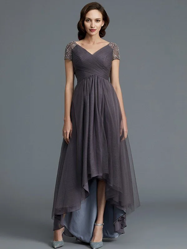 A-Line/Princess V-neck Short Sleeves Asymmetrical Tulle Mother of the Bride Dresses TPP0007098 A-Line/Princess V-neck Short Sleeves Asymmetrical Tulle Mother of the Bride Dresses TPP0007098